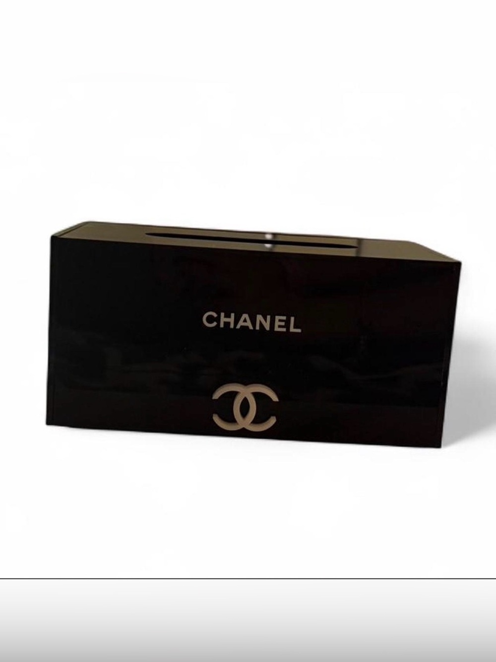 Black Chanel tissue box holder with pullout bottom drawer